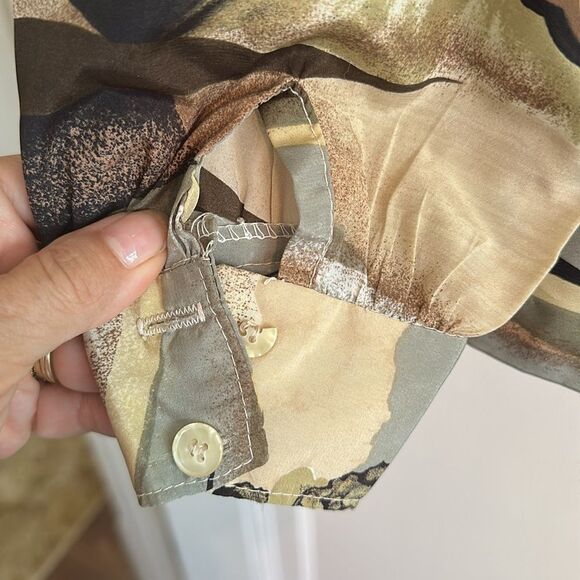 Vintage 70s Asian Inspired Stylized Cream, Tan & Brown Blouse that Ties at Neck - Picture 7 of 7